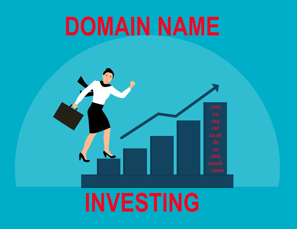 Graphic of woman walking up success stairs representing domain name investing.
